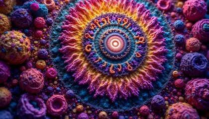 A vibrant and intricate digital fractal art design featuring a delicate, lacy clockwork pattern in a myriad of colors.