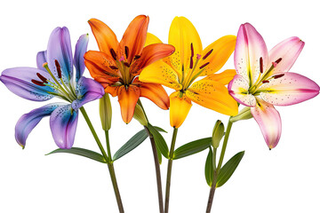 Colorful Lilies In Bloom Against A Transparent Backdrop. Floral Beauty On Dark