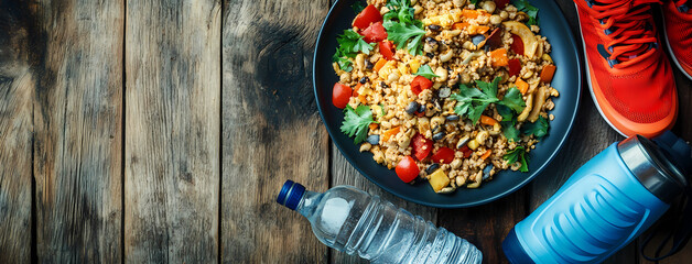 Fuel for Fitness: A vibrant, healthy meal alongside workout essentials – water, sneakers, and a water bottle – rests on a rustic wooden surface, embodying a lifestyle of wellness and vitality.