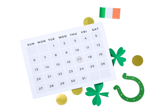 Patrick`s day, calendar, paper clover leaves and round golden confetti isolated on white background, top view, PNG
