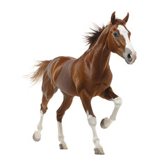 Obraz premium Graceful Chestnut Brown Horse with White Socks and Blaze Running in Dynamic Motion, Arabian Stallion Portrait, Isolated on Transparent and White Background