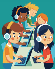 Kids sit at a long table laptops out and headphones on avidly typing away as they take part in a 24hour coding camp challenge.. Vector illustration