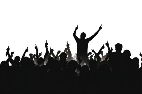 Crowd Silhouette With Raised Hands In The Dark. Party, Concert, Festival Concept. Vector Illustration