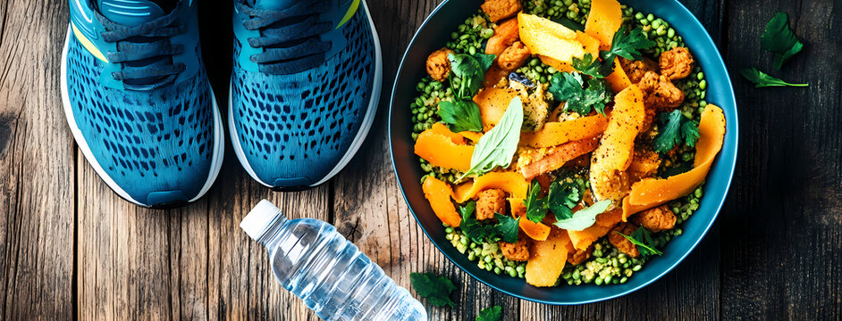 Fueling Fitness: A vibrant, top-down shot of a healthy meal with running shoes and a water bottle. This image speaks volumes about the dedication to wellness.