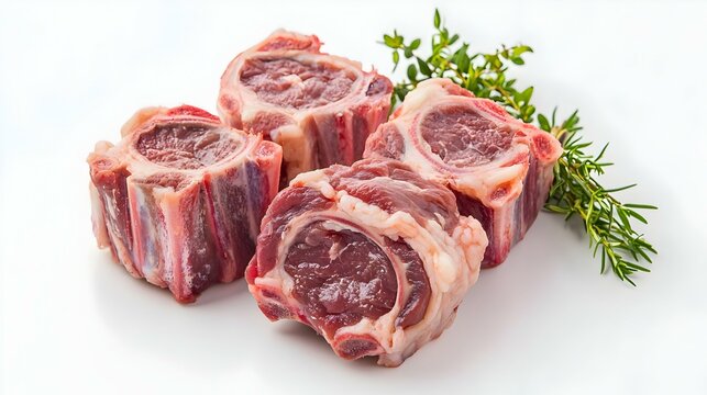 Fresh uncooked ox tail portions on white