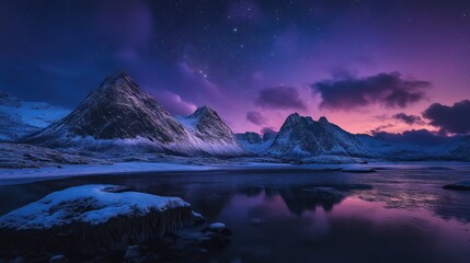 Majestic snowy mountains and reflective water under a starry night sky
