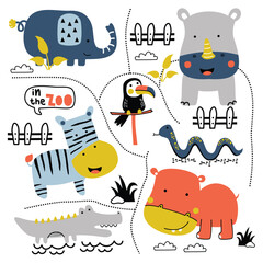 Cartoon zoo animals including elephant, zebra, crocodile, hippo, rhino, toucan, and snake in a fun wildlife scene. Children's animal park illustration concept

