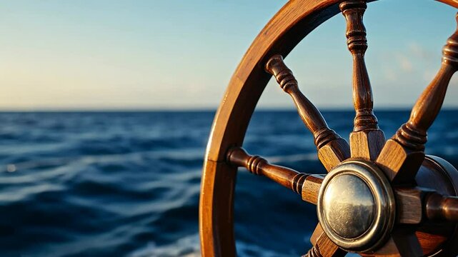 Wooden ship's steering wheel on the ocean