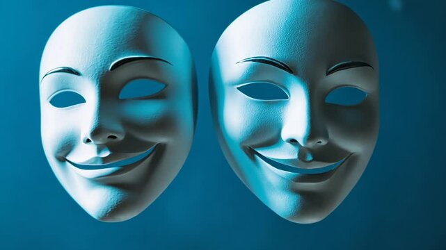 Two white masks with exaggerated smiling expressions, representing societal facade
