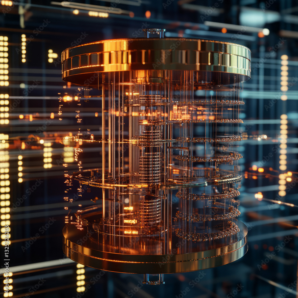 Poster golden cylindrical mechanism with intricate design in futuristic tech setting