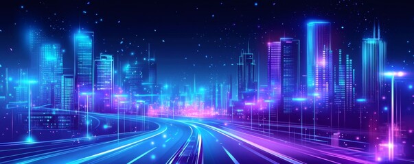 A futuristic cityscape with bright lights and a winding road