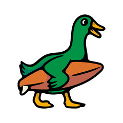 illustration cartoon duck with surf board on white background