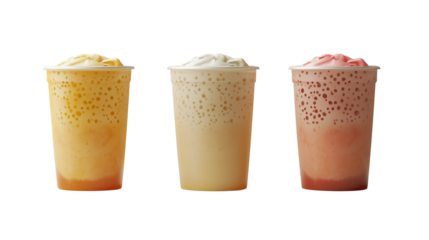 Three Refreshing Iced Blended Drinks in Cups Yellow Beige and Pink Flavors