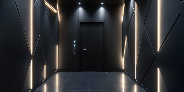 Matte Black Walls with Geometric LED Panels for Futuristic Interior