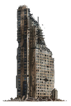 Damaged Building, Apocalypse Scene. Urban Decay Illustration, Crumbling Architecture On Transparent Background