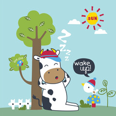 Naklejka premium Cartoon cow sleeping under a tree with a bird and chicken waking it up in a fun countryside scene. Children's farm animal illustration concept 