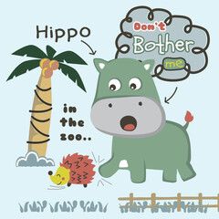 Cartoon hippopotamus in a zoo with a palm tree and hedgehog expressing funny emotions. Children's animal illustration concept
