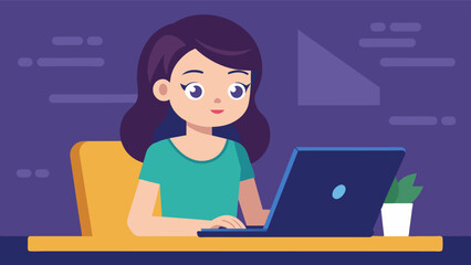 A young girl sitting at her desk eyes fixed on the screen as she carefully inputs lines of code into her laptop.. Vector illustration