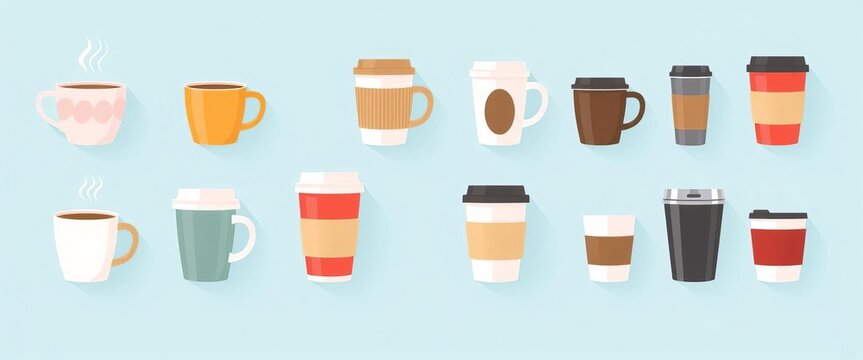 Flat illustration of various coffee and tea cups, tumblers, and travel mugs; vector icons for design, portable, water