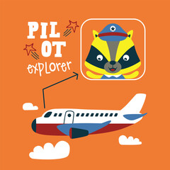 Cartoon raccoon pilot flying a passenger airplane in the sky with clouds and explorer theme. Children's aviation adventure illustration concept
