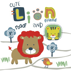 Fototapeta premium Cartoon lion and tiger playing together in a nature scene with trees and birds. Children's wildlife friendship illustration concept 