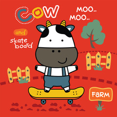 Cartoon cow riding a skateboard on a farm with wooden fences and trees in a fun countryside scene. Children's farm adventure illustration concept

