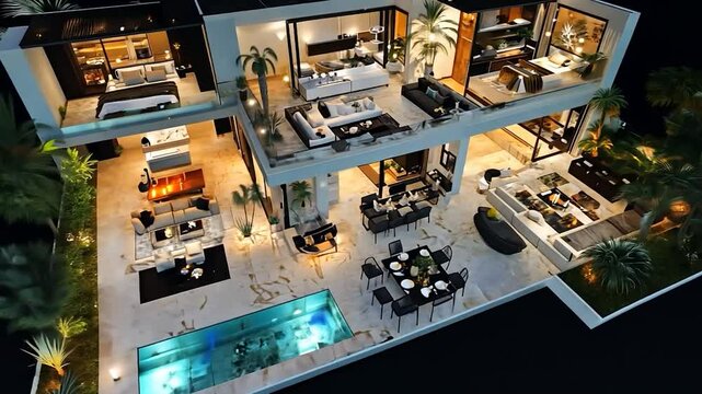 Luxurious Modern Mansion Floorplan at Night