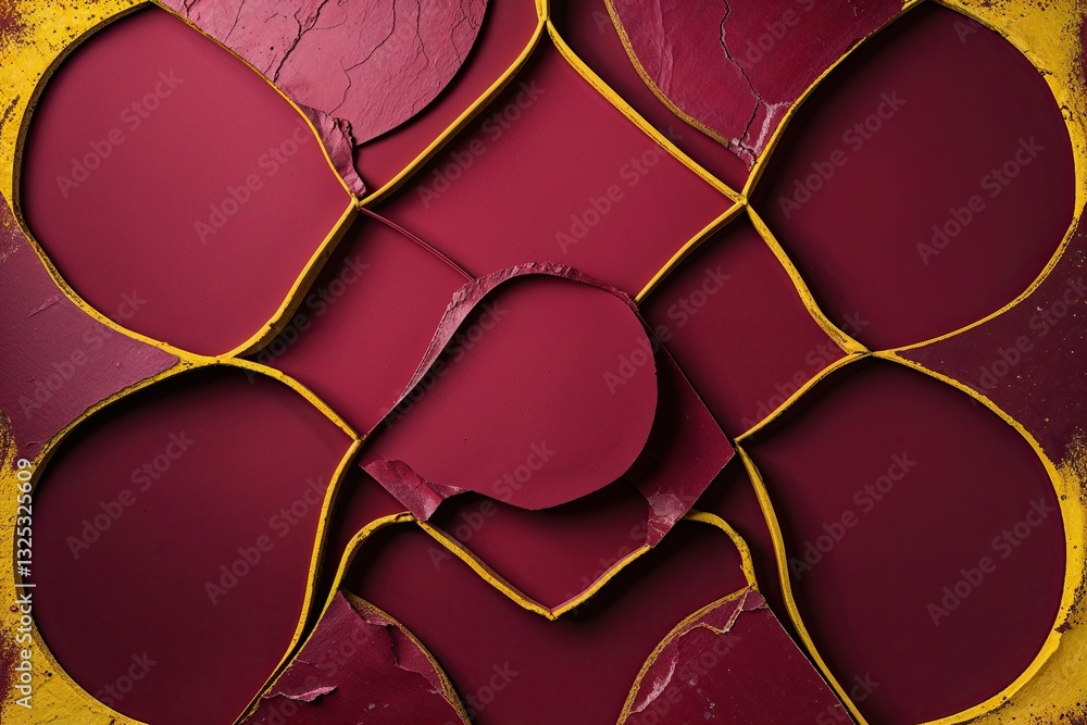 Poster artistic ruby background with geometric oval design and warm yellow distressed edges