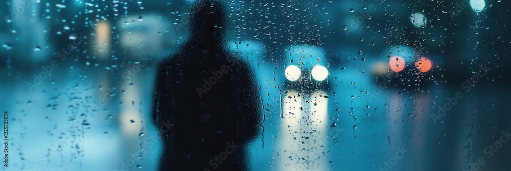 Aufkleber lonely figure gazes through raindrops on window with blurred reflections in soft blue and gray hues