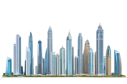 Dubai Skyline At Dusk. Futuristic City With Modern Architecture On Transparent Backdrop. Urban Cityscape Concept