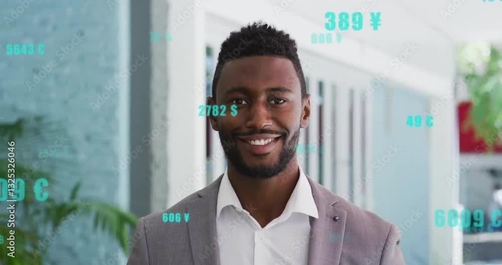Poster in animation, man in suit with currency symbols and numbers overlay