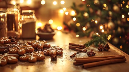Charming Christmas bakery kitchen gingerbread cookies counter cinnamon sticks and holiday spices soft warm lights cozy festive atmosphere high detail shot