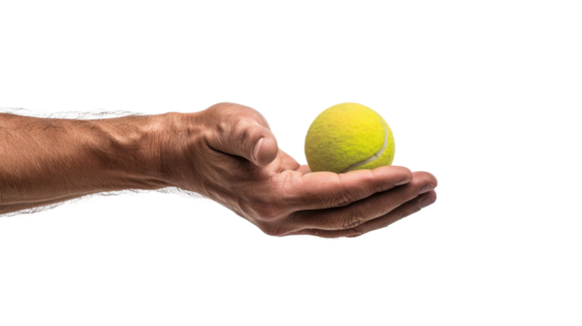 Man holding tennis ball in open palm on transparent background - Powered by Adobe