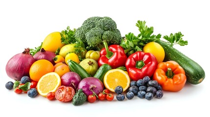 Assorted fruits and vegetables on white