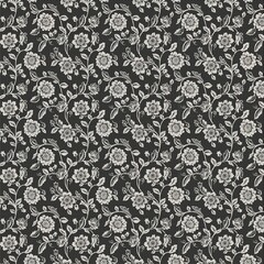 Black lace floral pattern with beige botanical motifs, ideal for elegant textile design, vintage wallpaper, invitations, and classic decor.