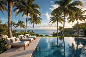 Fototapeta premium Exquisite Tropical Retreat Surrounded by Majestic Palms and Breathtaking Ocean Views in Luxury Landscapes