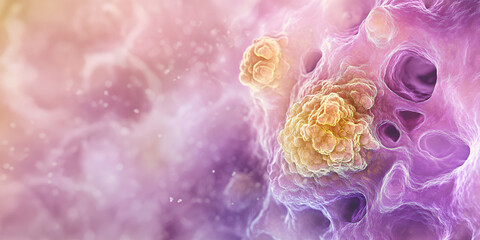 3D Digital Image of Cancer Cells with Purple and Yellow Cells | Cancer Cells in 3D Digital Rendering with Yellow and Purple | Microscopic Cancer Cells with Digital Visualization

