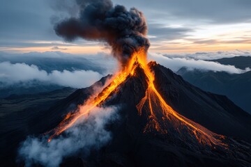 A stunning view of a volcano erupting fiercely, spewing lava and thick smoke against a dramatic sunset backdrop, showcasing the raw power and beauty of nature in its most intense form.