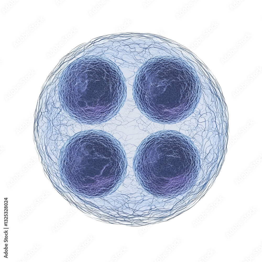 Poster a stylized illustration of a cell with four distinct nuclei, showcasing intricate cellular structure