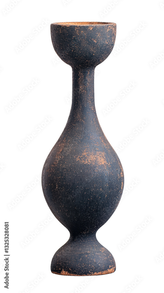 Poster a tall, slender vase with a rounded base and an open top, featuring a textured dark surface and subt