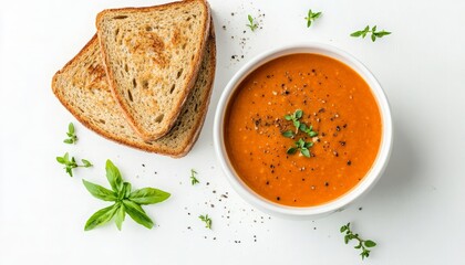 Delicious Tomato Soup Served with Crispy Toast and Fresh Herbs, Perfectly Arranged on a Clean White Background for a Culinary Delight.
