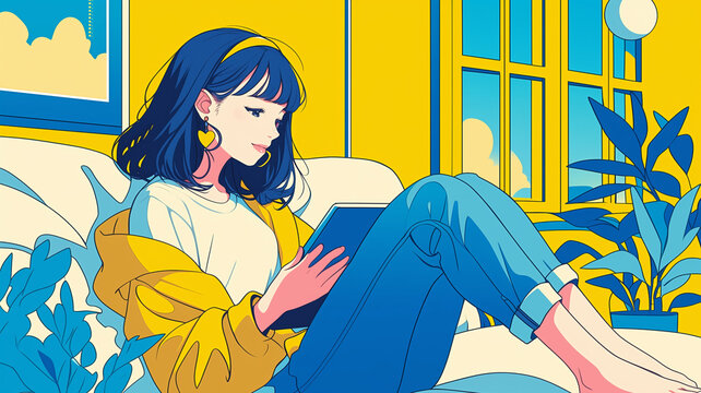 タブレットを手にした女性がくつろぐひととき｜シンプルでおしゃれな部屋｜ナチュラルなライフスタイルを楽しむ｜自然光の中で快適な読書や動画視聴｜心地よい暮らしのワンシーン