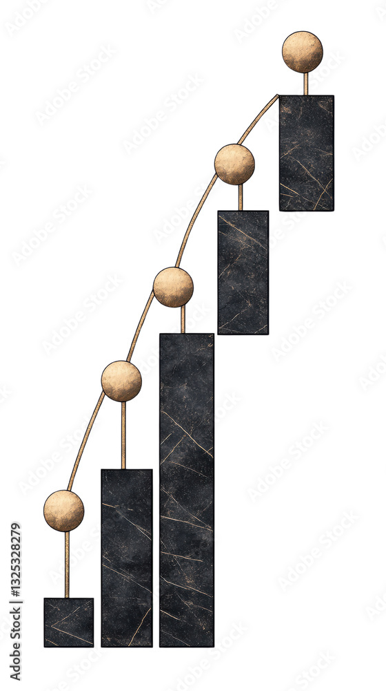 Poster a minimalistic graph design featuring wooden spheres and dark rectangular bars, illustrating upward 
