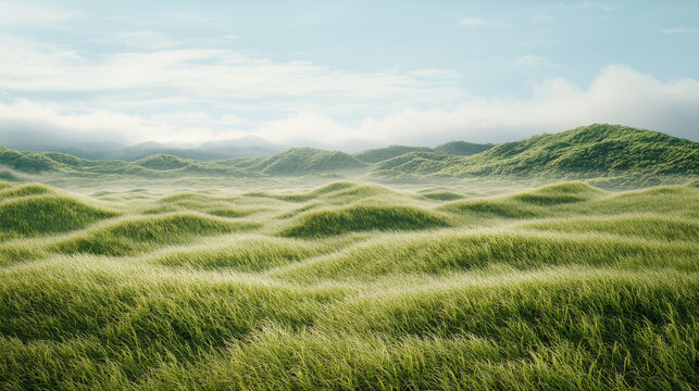 Lush grassland rolling under soft morning light, creating serene landscape