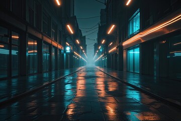 Fototapeta premium Dreamlike Isolated Street Scene with Glowing Reflections and Floating Forms in a Mysterious Atmosphere