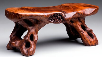 This striking image displays a beautifully crafted wooden bench, showcasing the intricate design and rich texture of the wood, symbolizing artistry and high-quality craftsmanship.