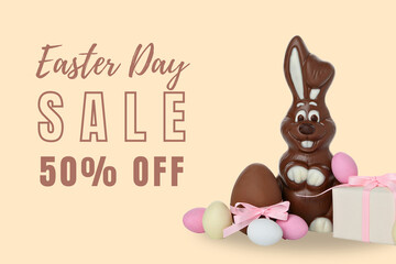 Easter, 50% off until Easter Day, with chocolate bunny, eggs and gift, on a light background
