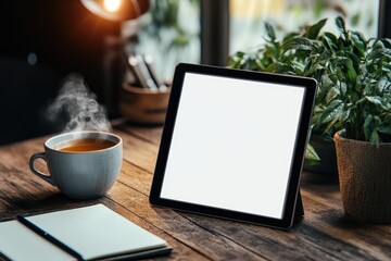 A tablet computer with hot beverage and greenery on a table