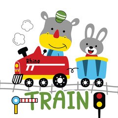 Cartoon rhino driving a red train with bunny passenger on a railway track with traffic signals. Children's transportation illustration concept

