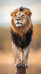 Obraz premium Majestic Male Lion Standing on Tree Stump